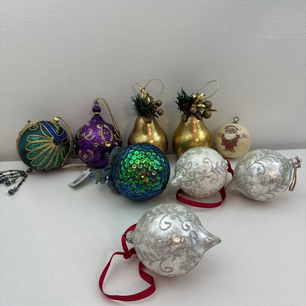 Vintage Lot of 9 Glass Ball Christmas Ornaments Holly Glitter
